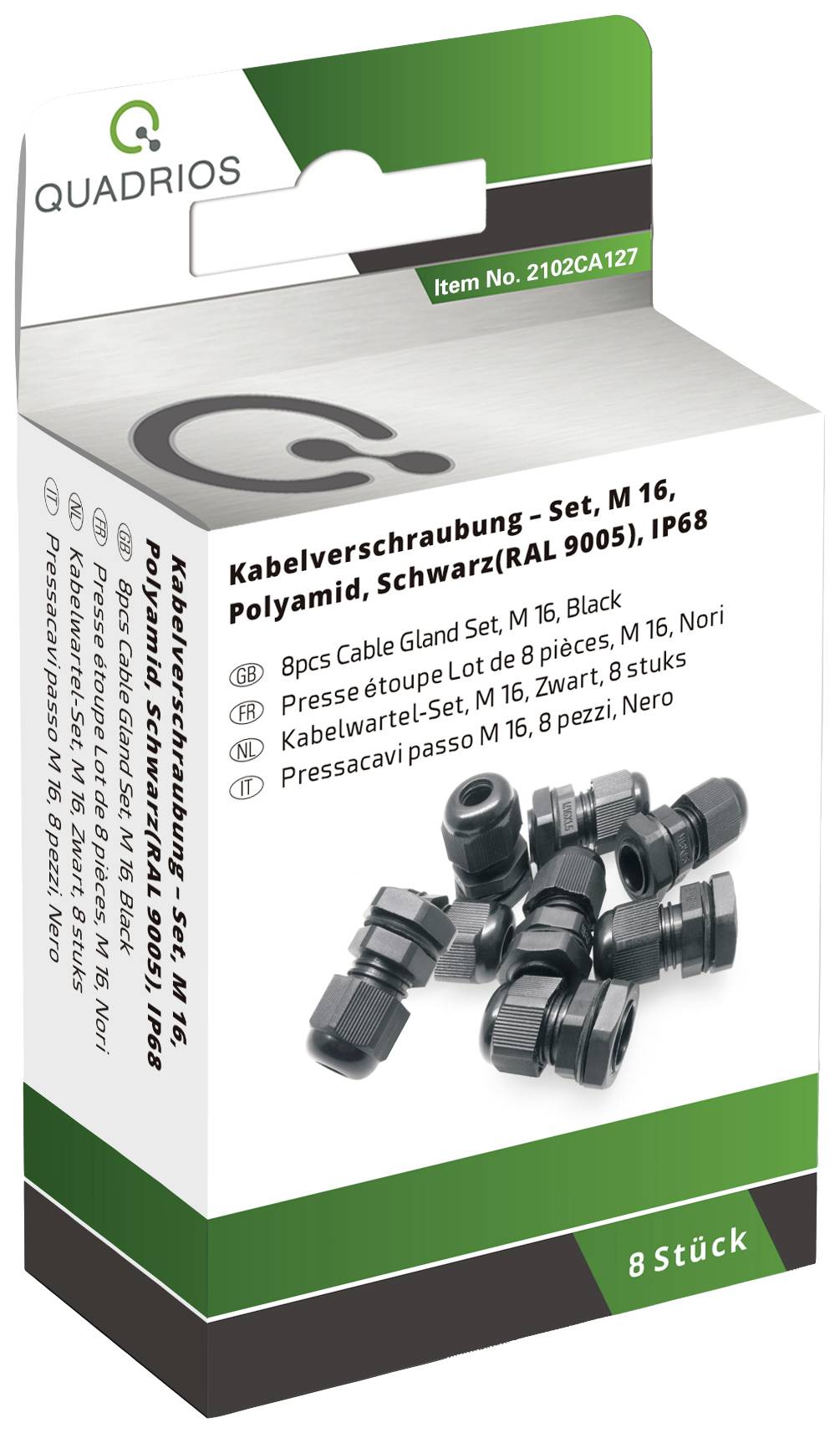 Cable Gland Set, M 16, Polyamide, Black, IP68, 8 Pieces. Contains 8 cable glands in M 16 size, colour Black.