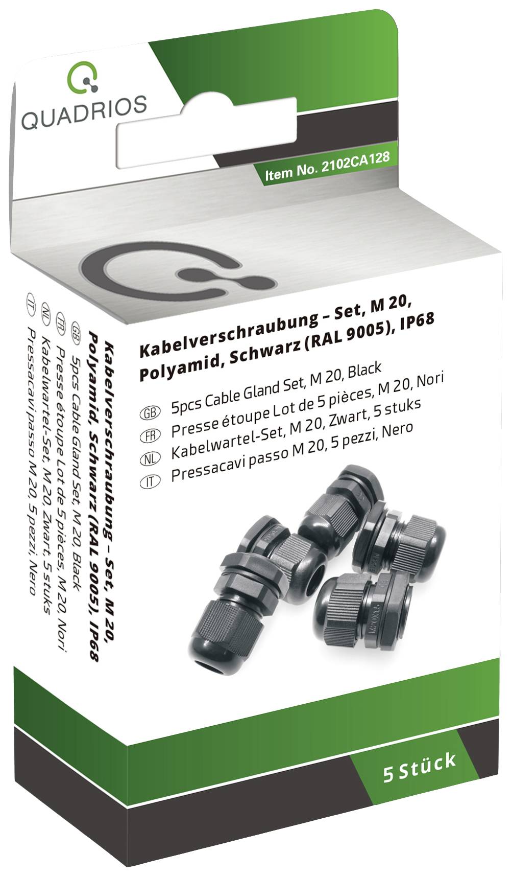 Cable Gland Set, M 20, Polyamide, Black (RAL 9005), IP68, 5 Pieces per Pack.