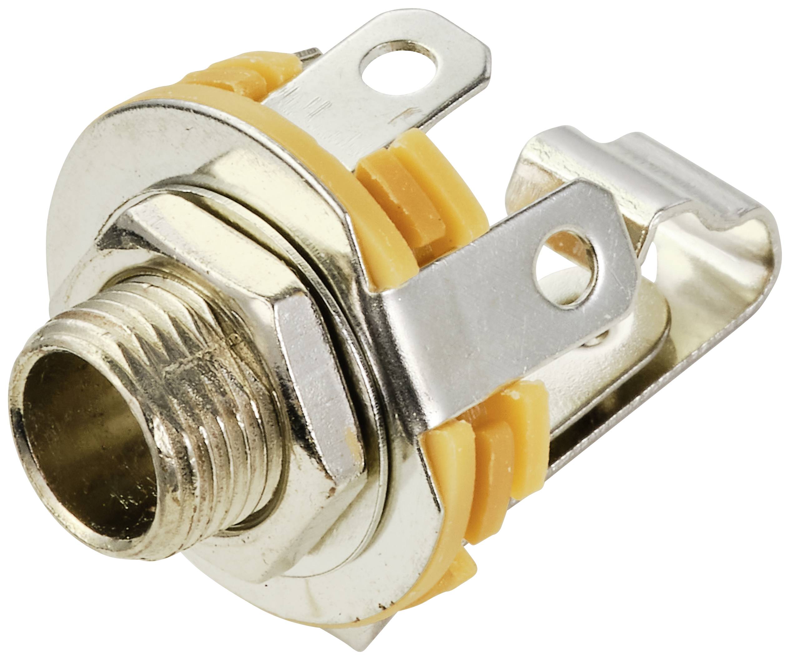 Metal bush with thread and yellow plastic mounting. Electronic component for cable connections.