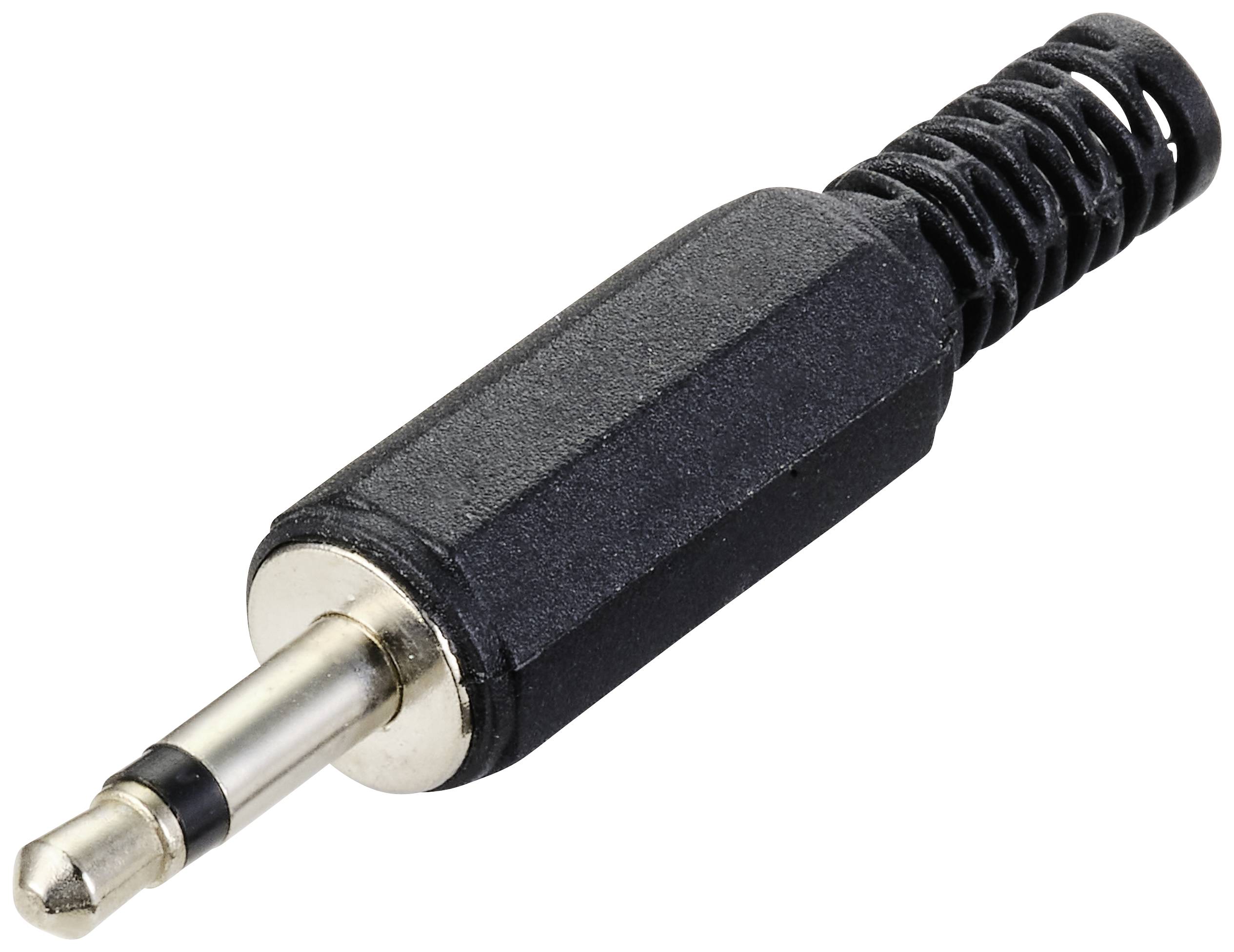 Black 3.5 mm audio jack with metal tip and plastic grip against a white background. Suitable for headphones or speakers.