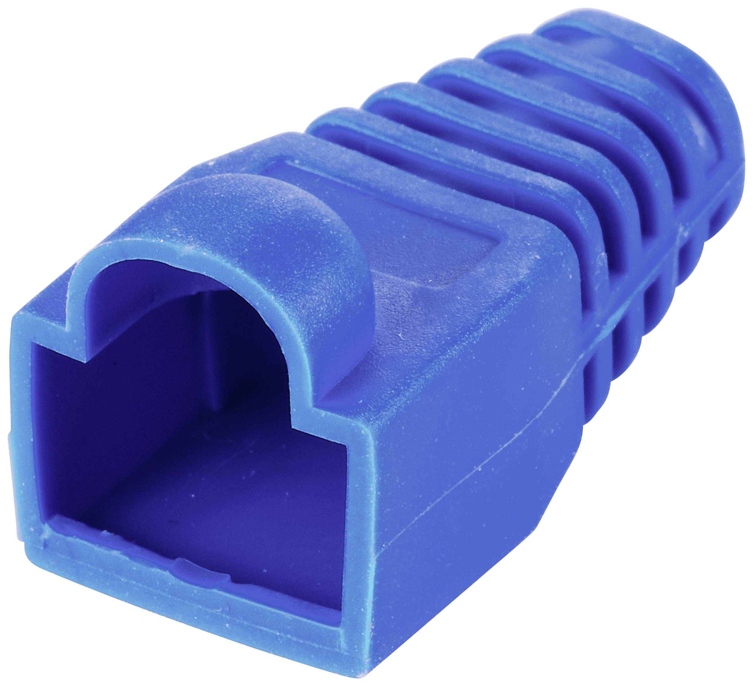 A blue, ribbed protective cover for RJ45 network cables, rectangular in shape, open at the end.