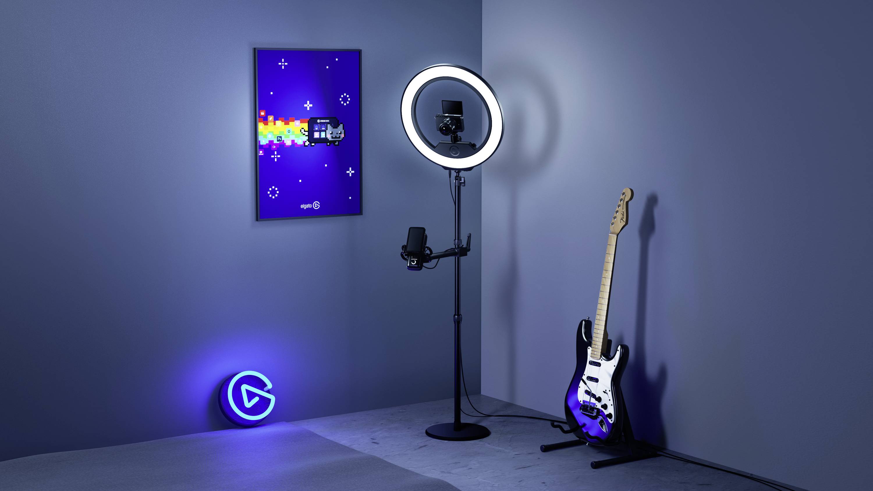 A room with a ring light stand, a guitar stand with an electric guitar, a neon blue poster, and a glowing blue symbol on the floor.