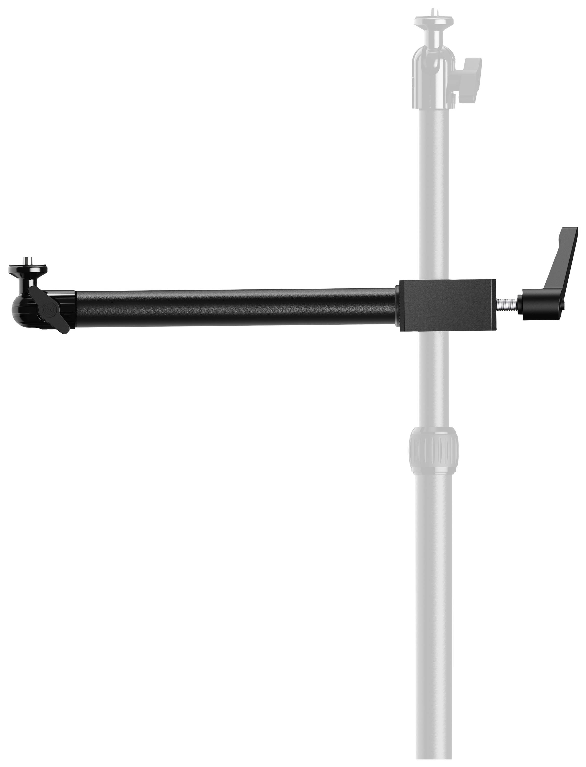 A black, adjustable arm mounted on a stand, with a lever for supporting and positioning camera equipment.