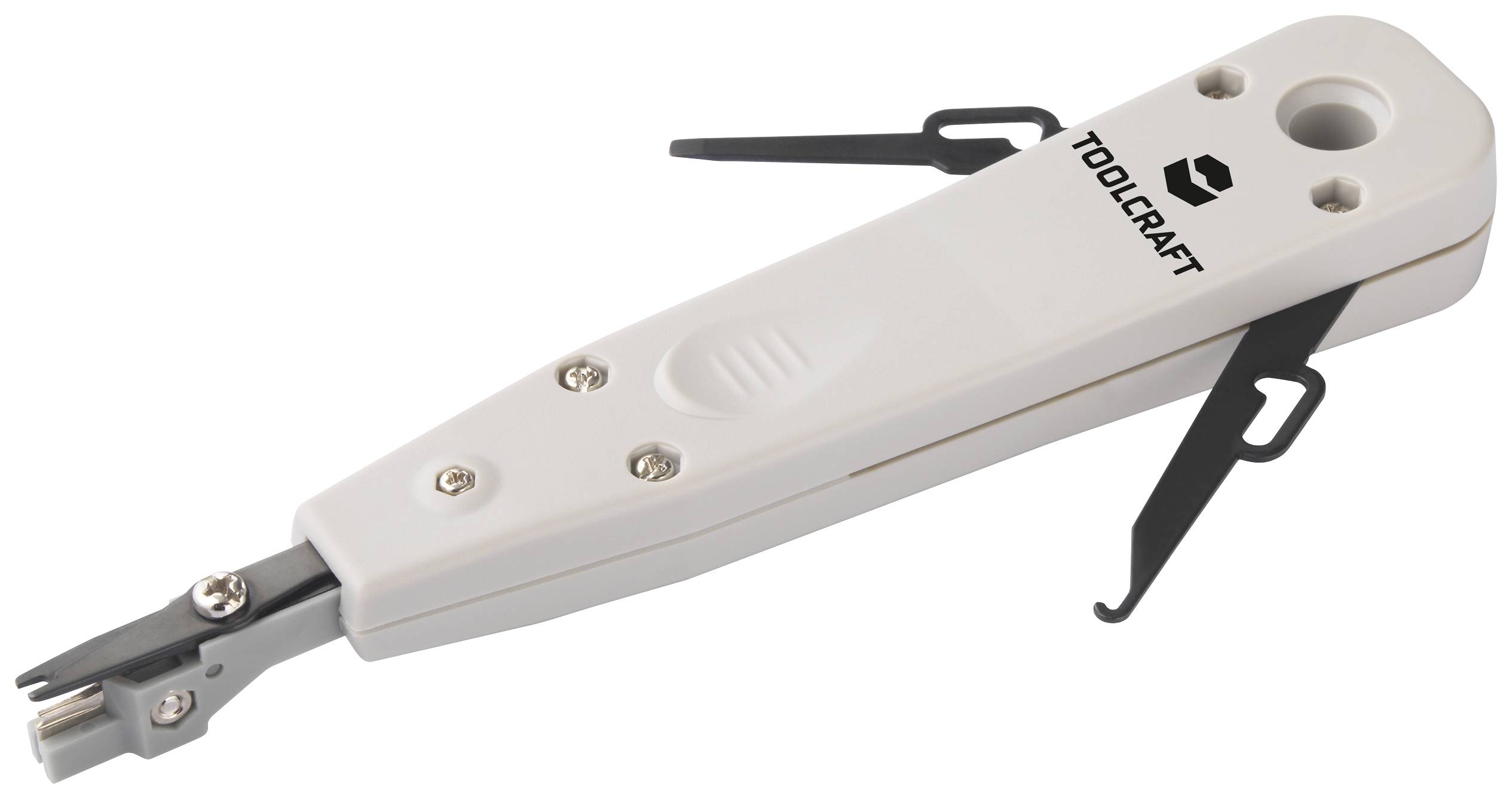 A white network installation tool by Toolcraft with blades at both ends, used for cutting and inserting cables.