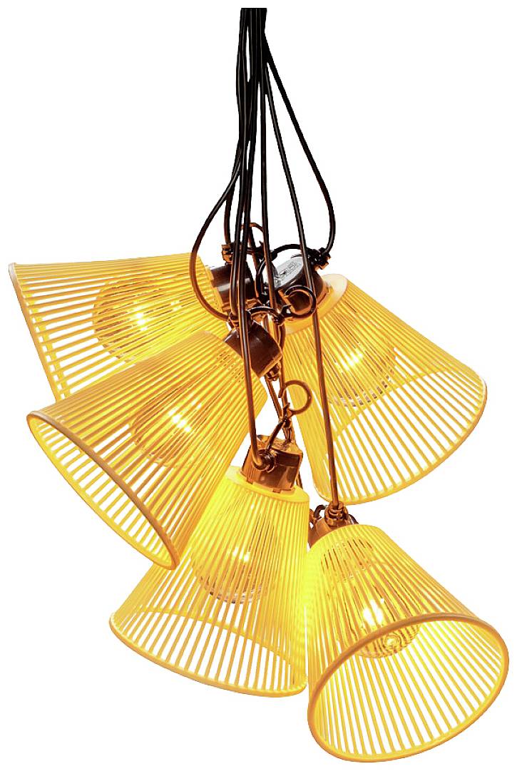 The image shows a cluster of six orange rattan lampshades hanging from cables, emitting a warm glow.