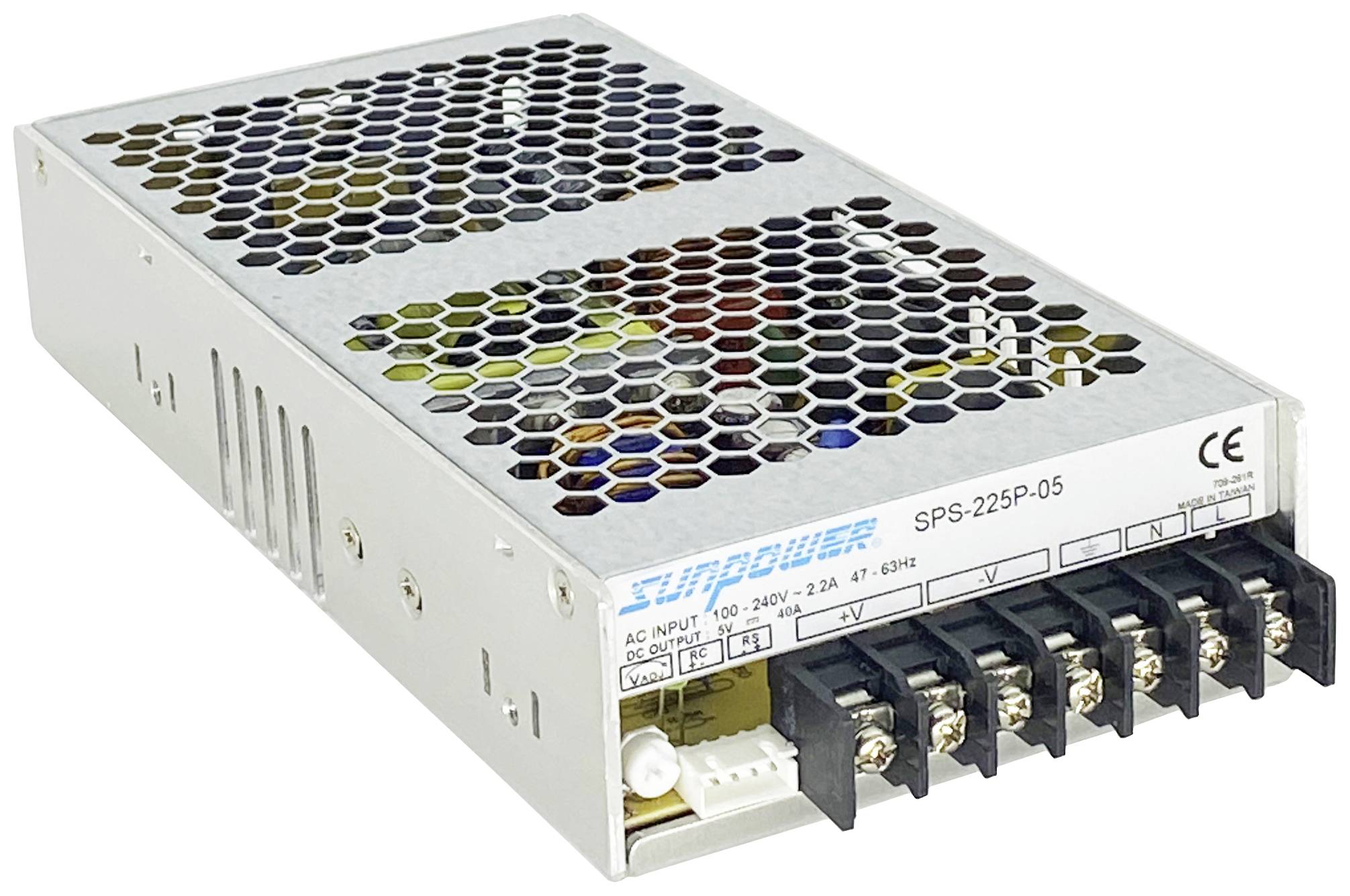 Metallic switch-mode power supply with ventilation grille, connection terminals and print reading 'AC Input' and 'Output Voltage'.