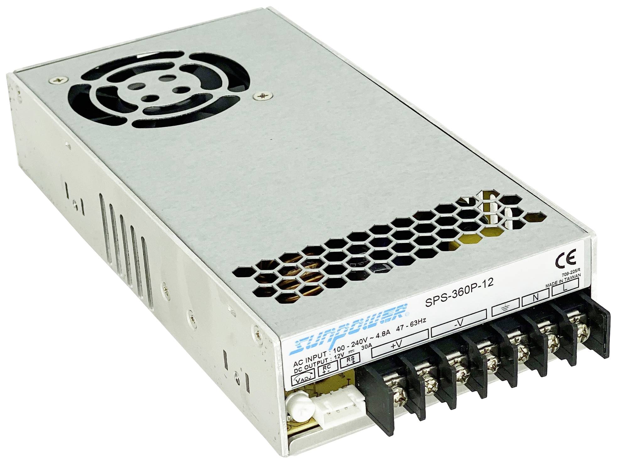 Power supply unit SPS-360P-12, with ventilation slots and connection terminals. Suitable for industrial applications with 12V output.