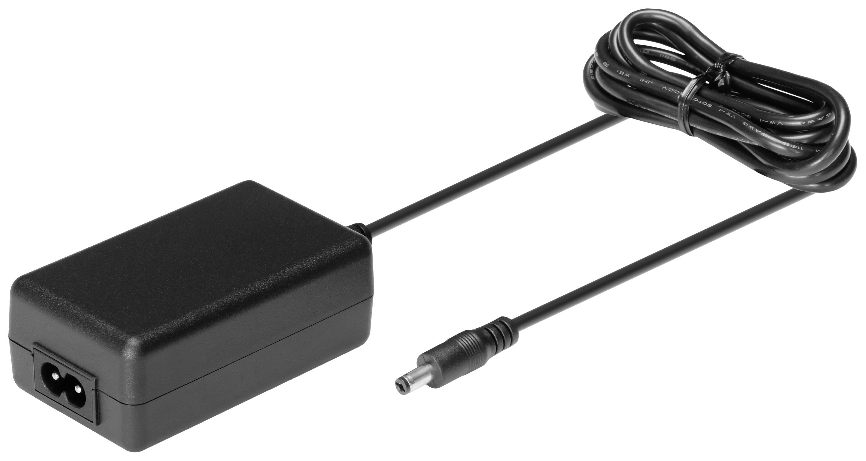 A black power adaptor with a long, thin cable and a plug connector. It is used for charging electronic devices.