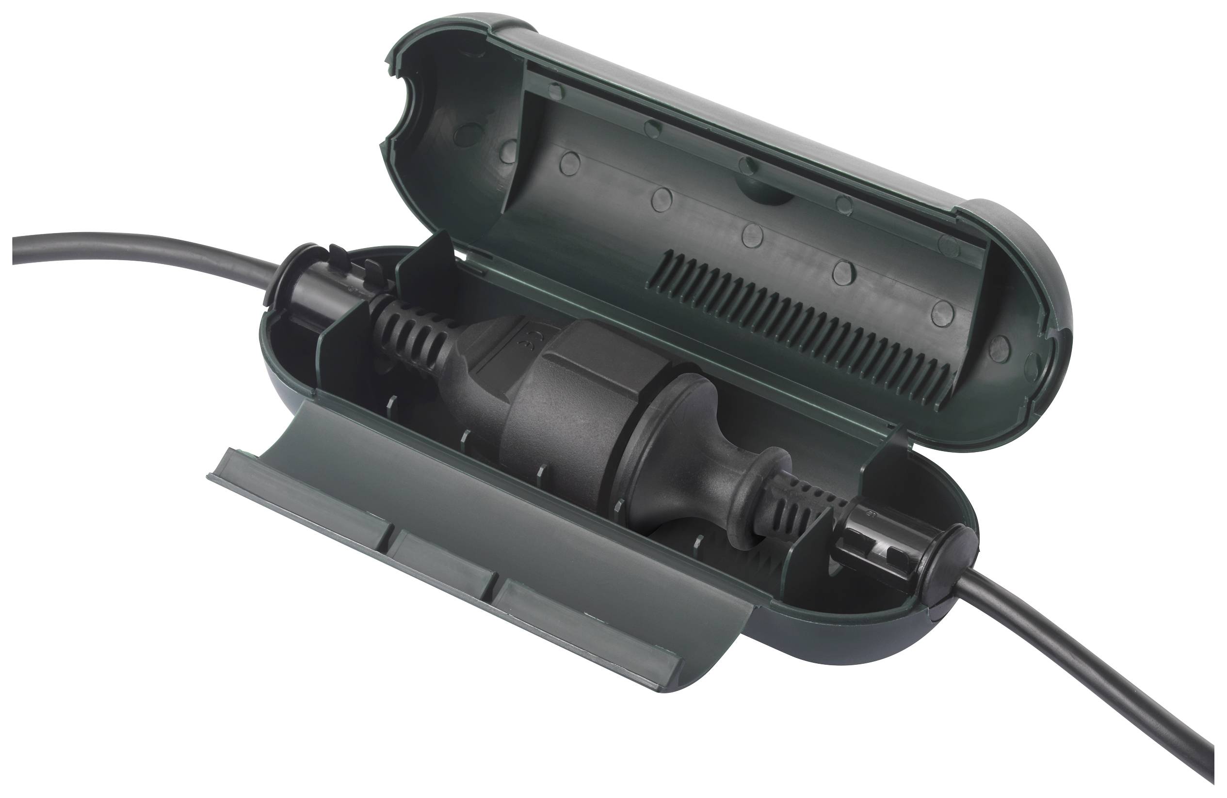A green junction box protects a cable connection outdoors, securing the connection against moisture and weather conditions.
