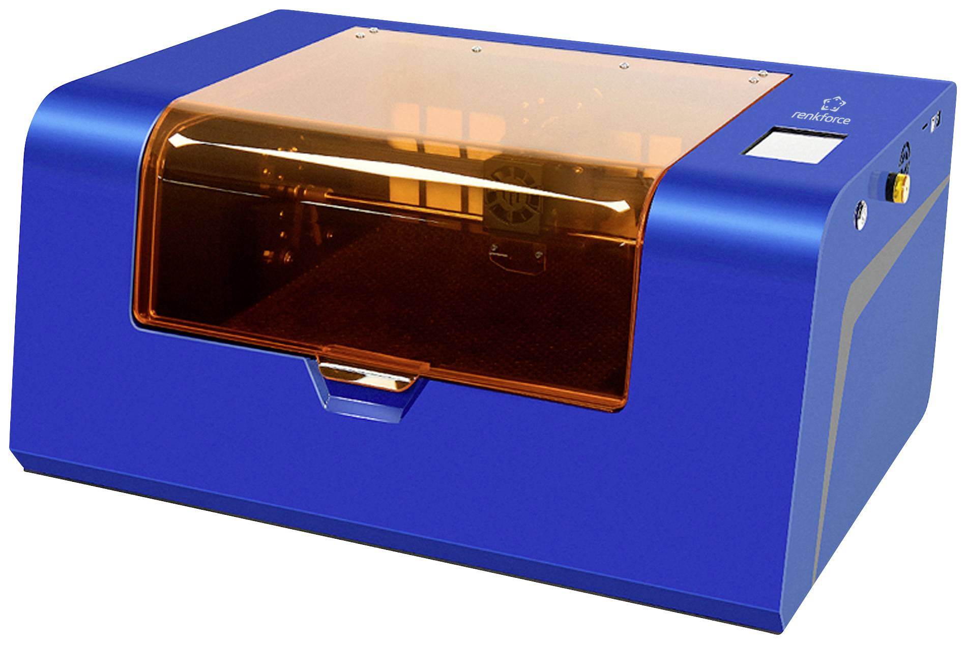 A blue, rectangular device with an orange cover and small display, likely suitable for laser cutting or engraving.