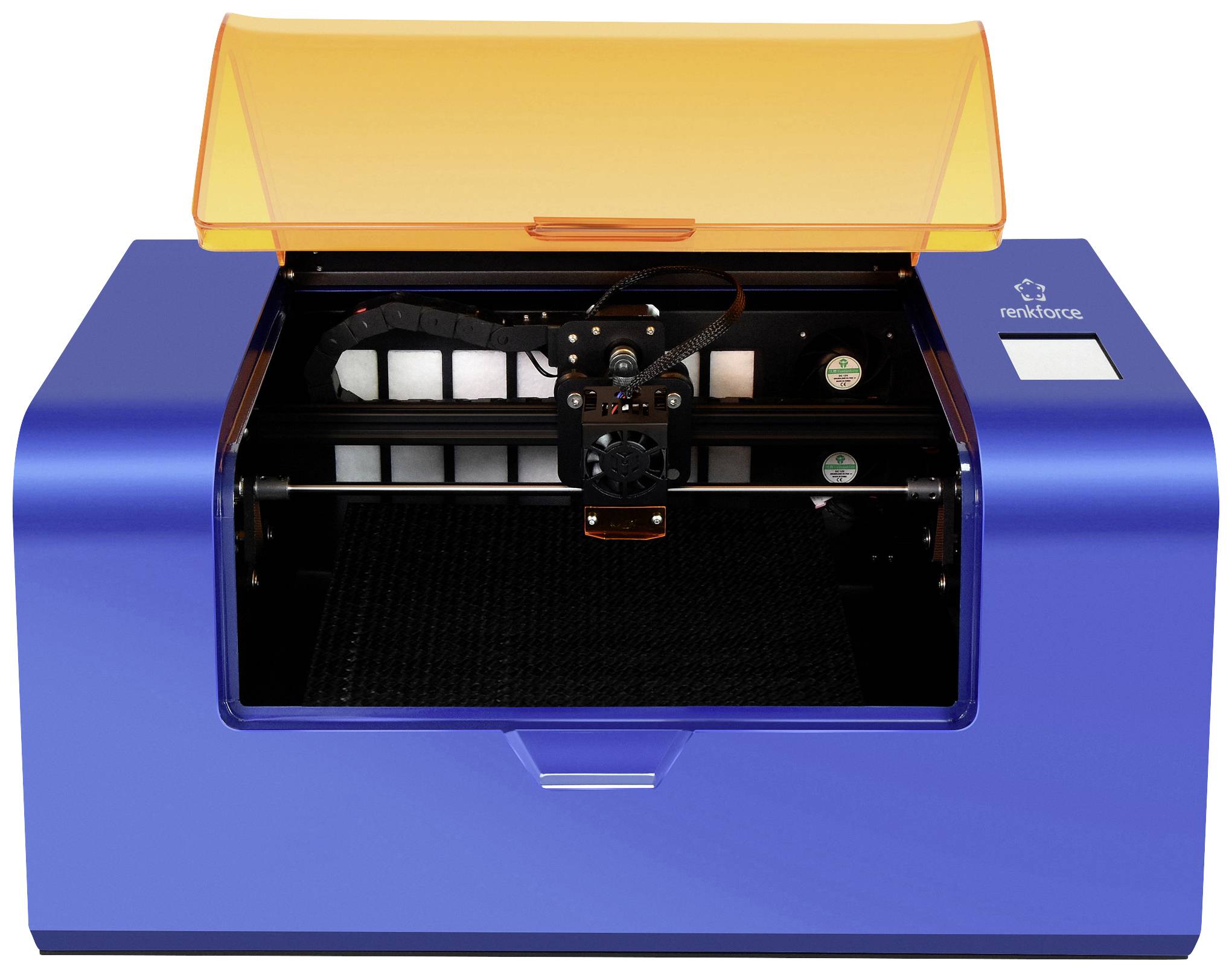 A blue 3D printer with an open lid reveals its internal mechanism. It is used for creating three-dimensional objects.