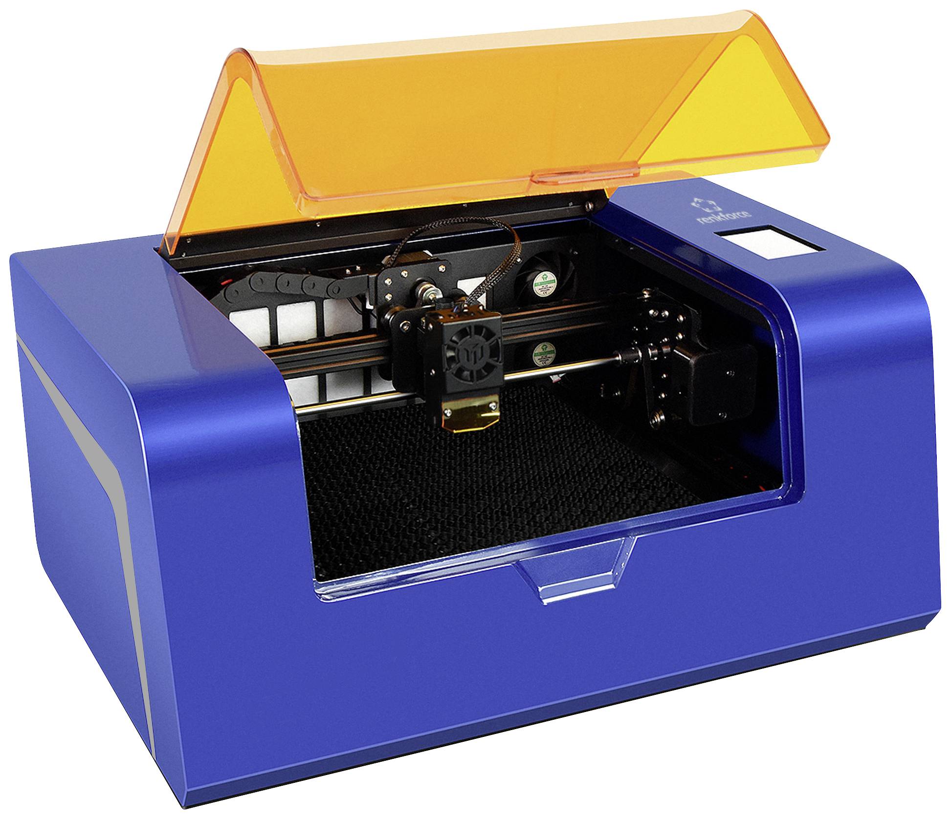 A blue laser engraver with an open lid reveals its internal mechanism. An orange cover is visible at the top.