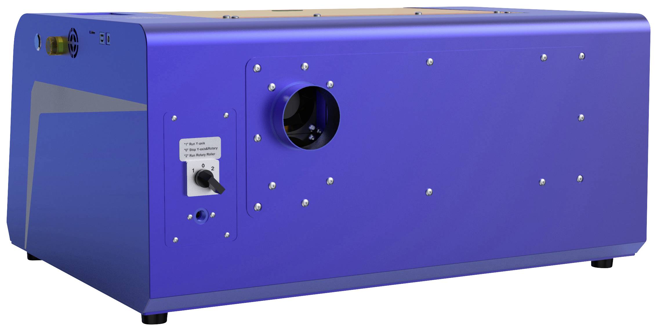 A blue, rectangular device with a round aperture and several mounting screws on one side.