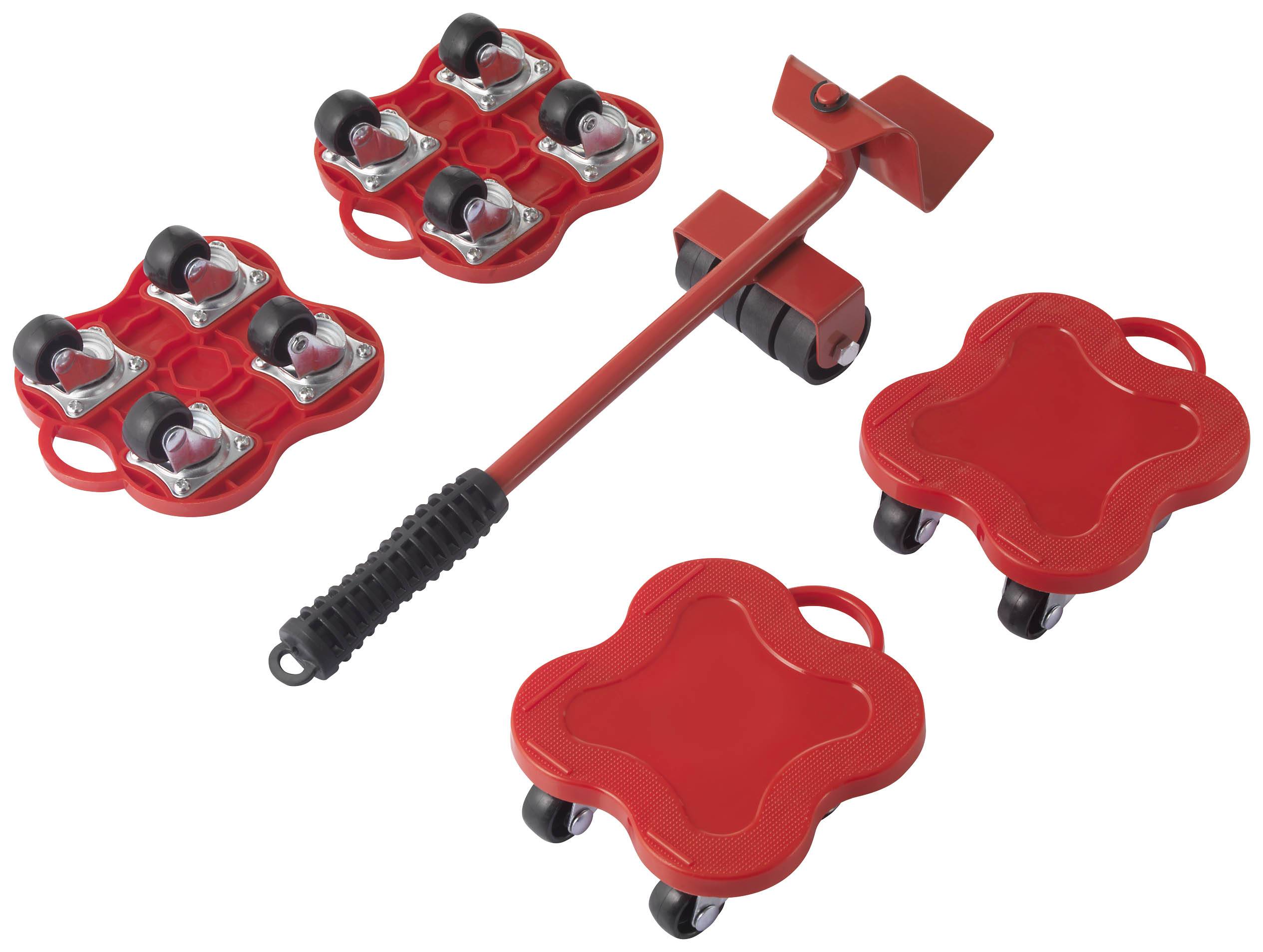 Red furniture moving set with wheels and lever bar, suitable for moving heavy items. Ideal for removals and interior furnishing.