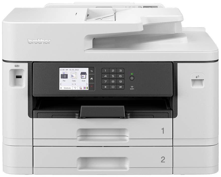 A white multifunction printer with two paper trays and a display. Brand name located in the top left of the device.