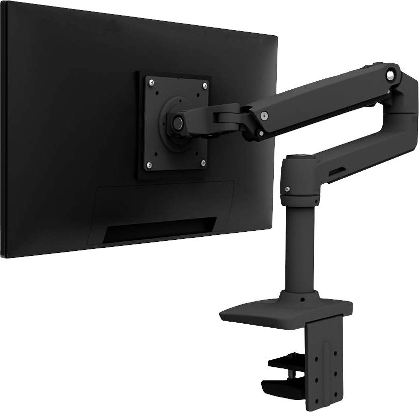 A black computer monitor is mounted on a flexible, adjustable arm. The arm is attached to a desk.