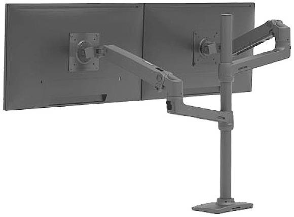 Two monitors are mounted on an adjustable dual monitor arm attached to a desk.