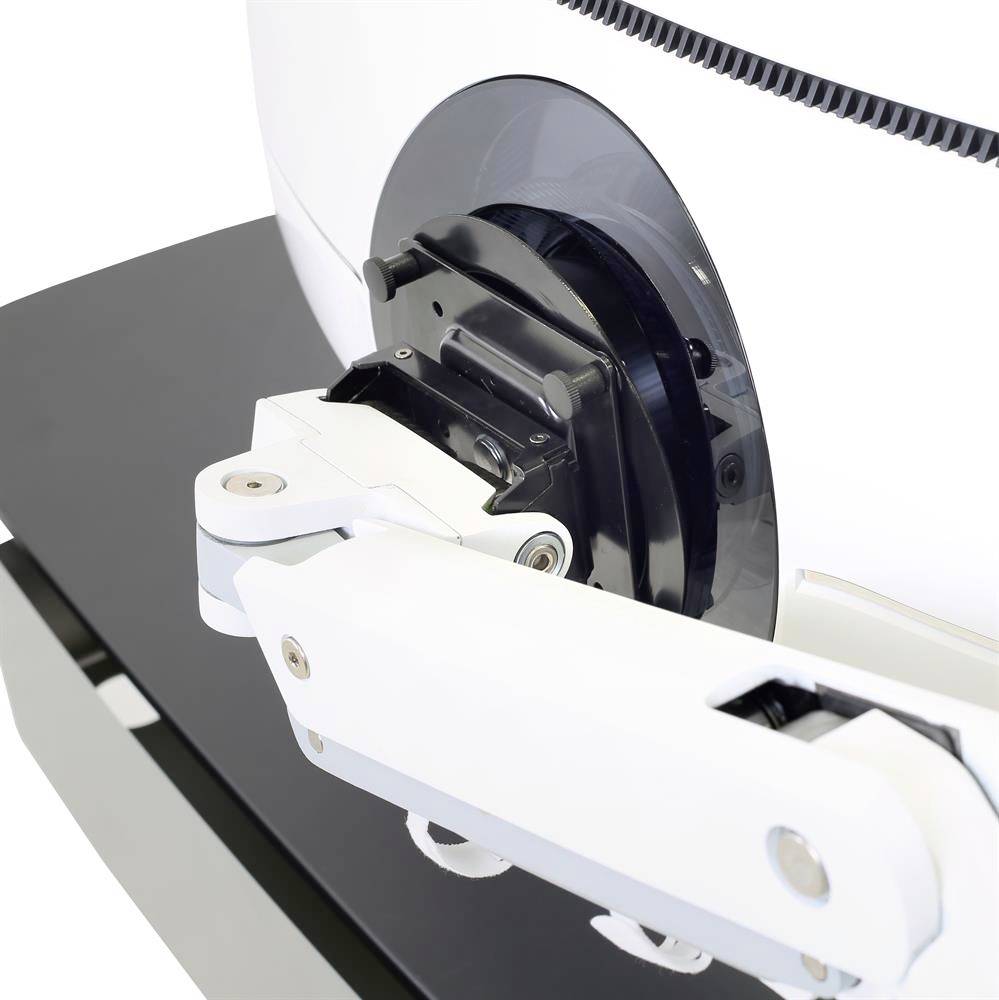 Close-up of a white industrial robotic arm with a gripping tool. The arm is mounted on a black surface.