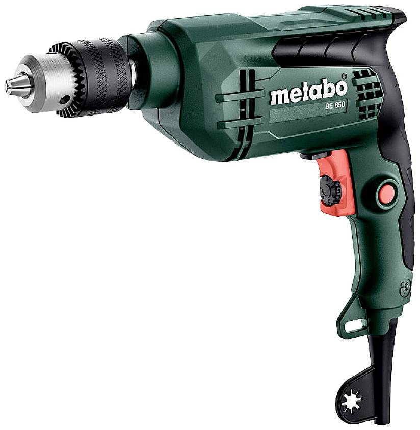 Electric drill by Metabo, Model BE 650, in green with ergonomic handle and metal chuck.