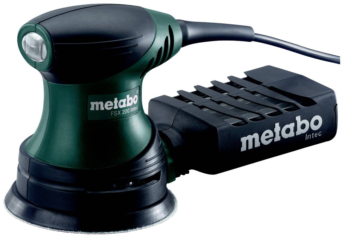 Metabo electric orbital sander, model FSX 200 Intec, in green and black, ready for use.