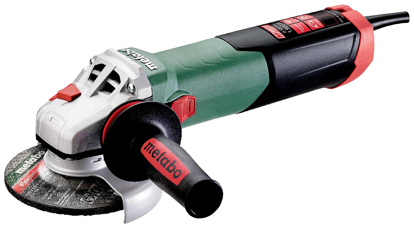 Angle grinder with a green and black casing, red switch and removable handle. 'Metabo' brand logo on handle and grinding disc.