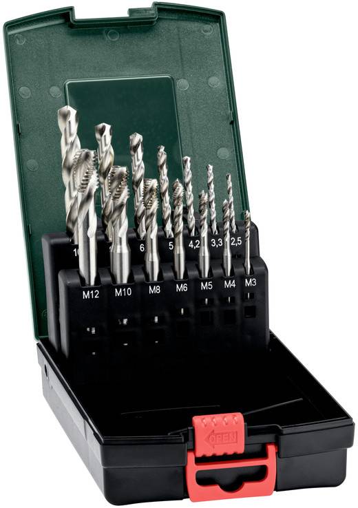 An open case containing nine metal drill bits in various sizes, ranging from M3 to M12, neatly arranged in a custom foam insert.
