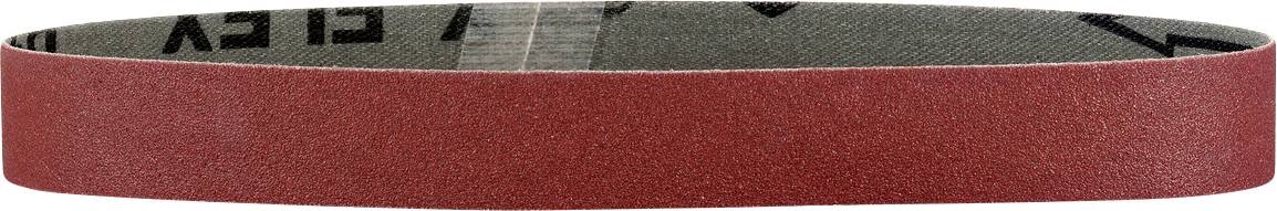 Red abrasive sanding belt made of coarse material in an oval shape, suitable for woodworking sanders.