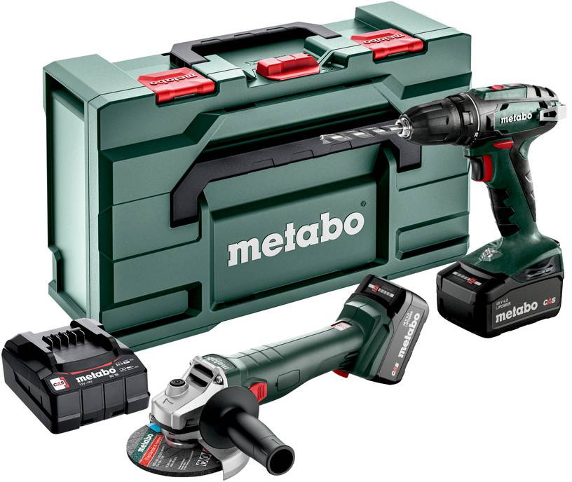 Set of Metabo tools: a drill, an angle grinder and a charger in a green storage box.