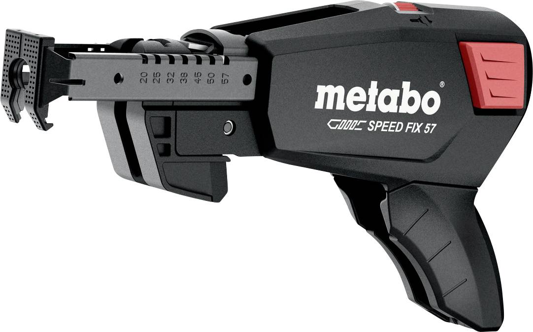 Electric Magazine Screwdriver Metabo Speed Fix 57, black-red, for rapid screw fixing. Suitable for dry lining applications.
