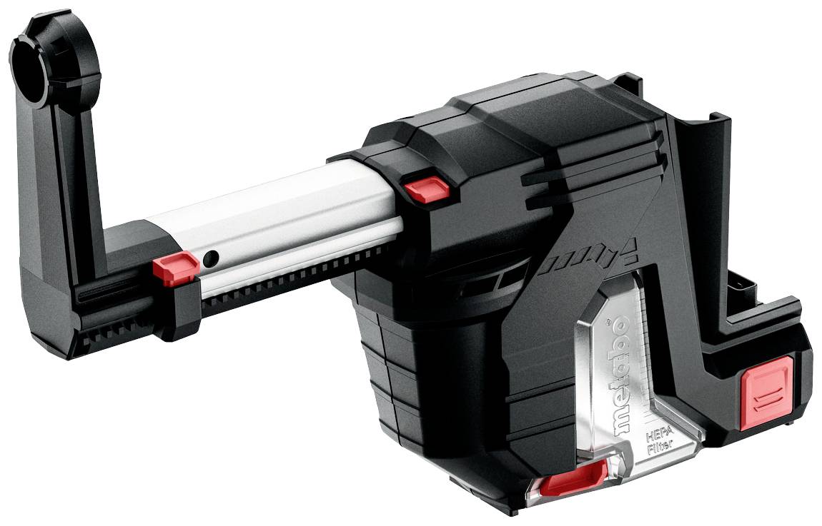 Tool in a plastic casing, with a metal rod and red button, likely an accessory or adapter for a larger machine.