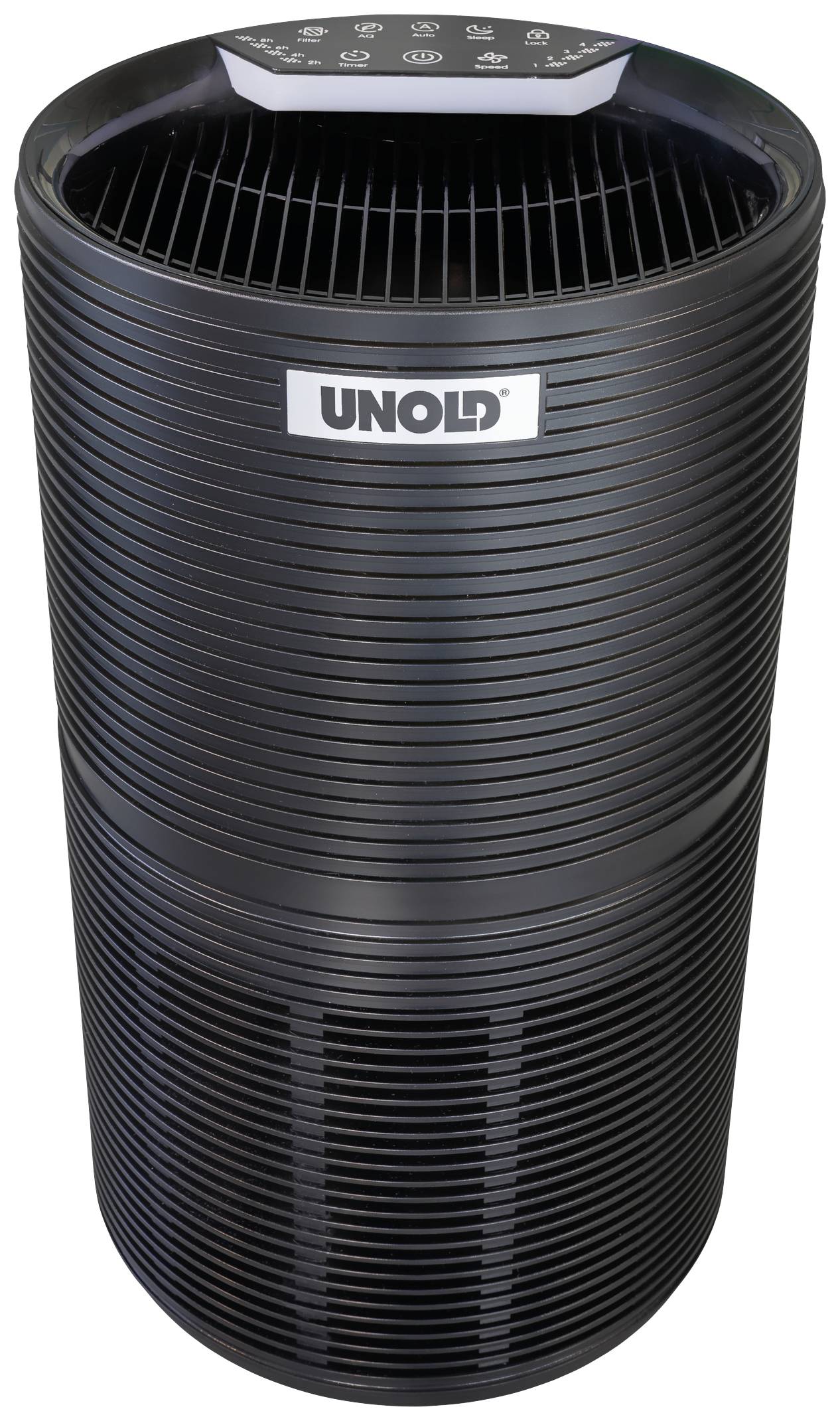 A black air purifier with vertical louvres and a control panel on top. 'UNOLD' trademark on the front.