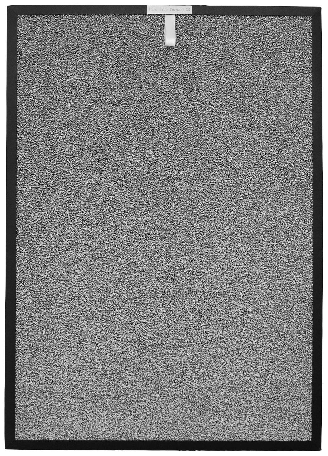 A rectangular felt carpet with a grey, marled surface, framed by a narrow black border.