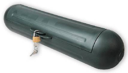Dark green, tubular container with a lock and two keys attached to it.