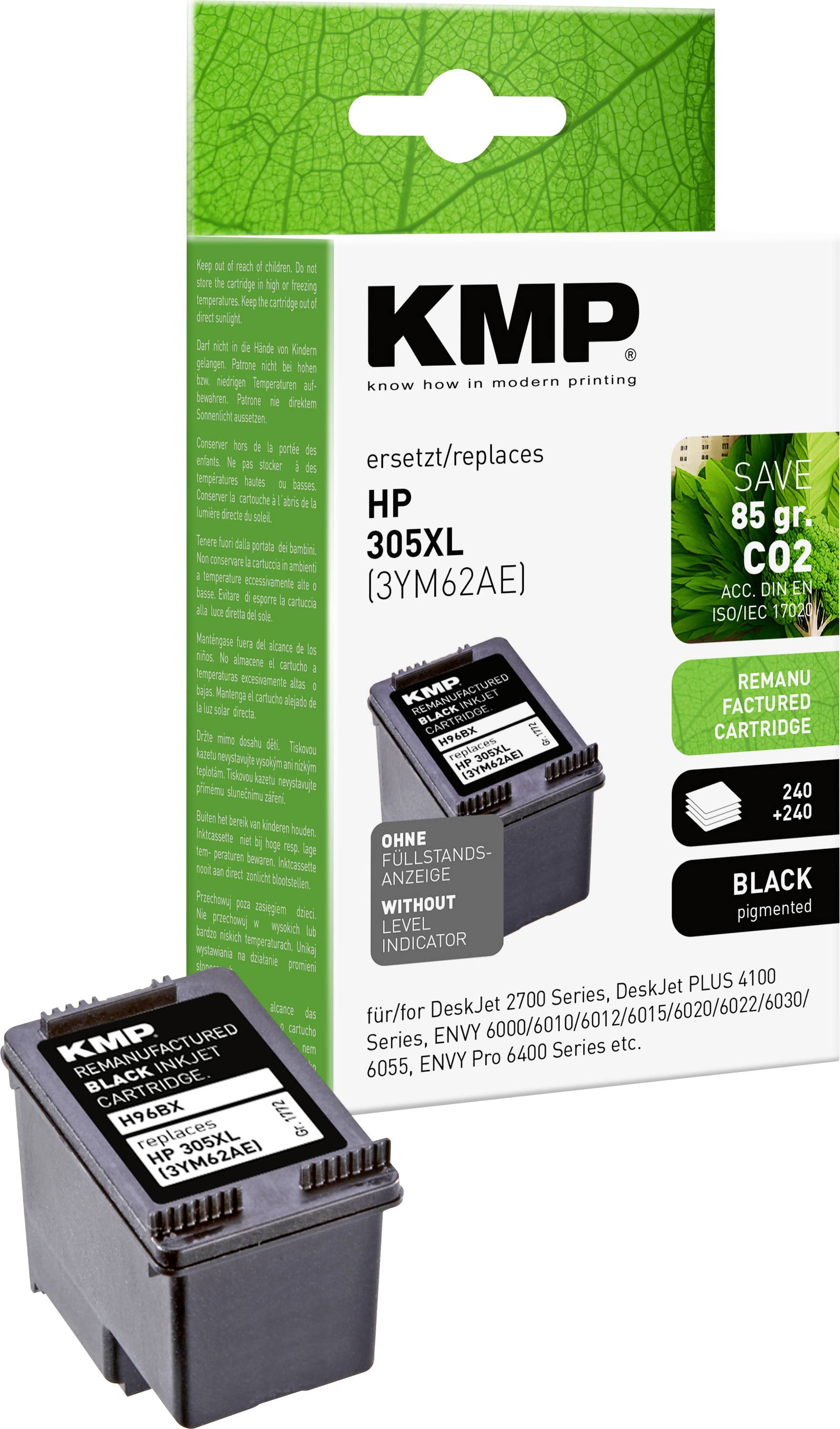 'KMP HP 305XL' black ink cartridge box with product details, highlighting 'Save 85g CO2', suitable for HP printers including DeskJet series.