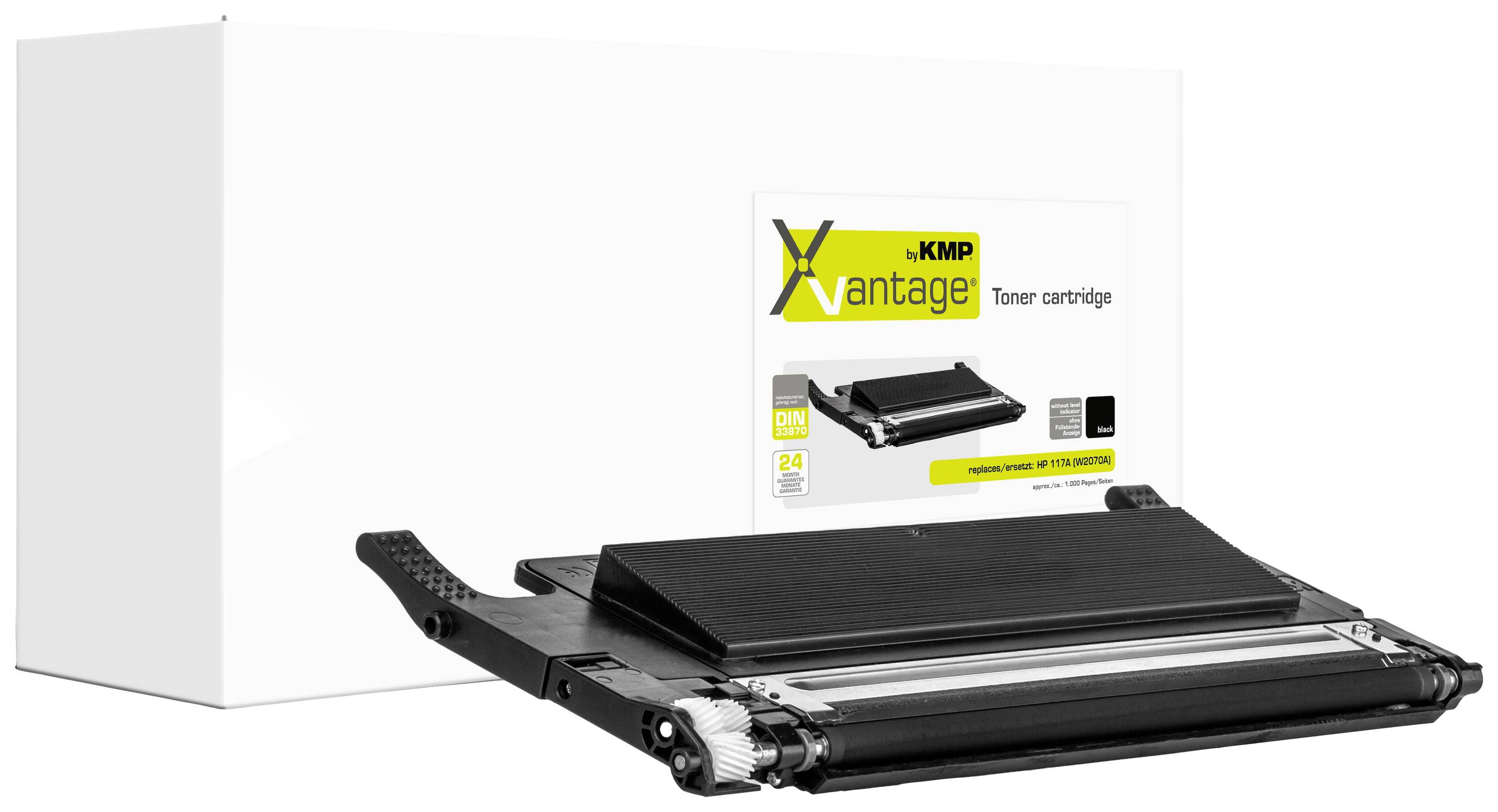 Black toner cartridge in front of white packaging with 'KMP Vantage Toner Cartridge' printed on it. Suitable for printers, positioned to the left of the packaging.