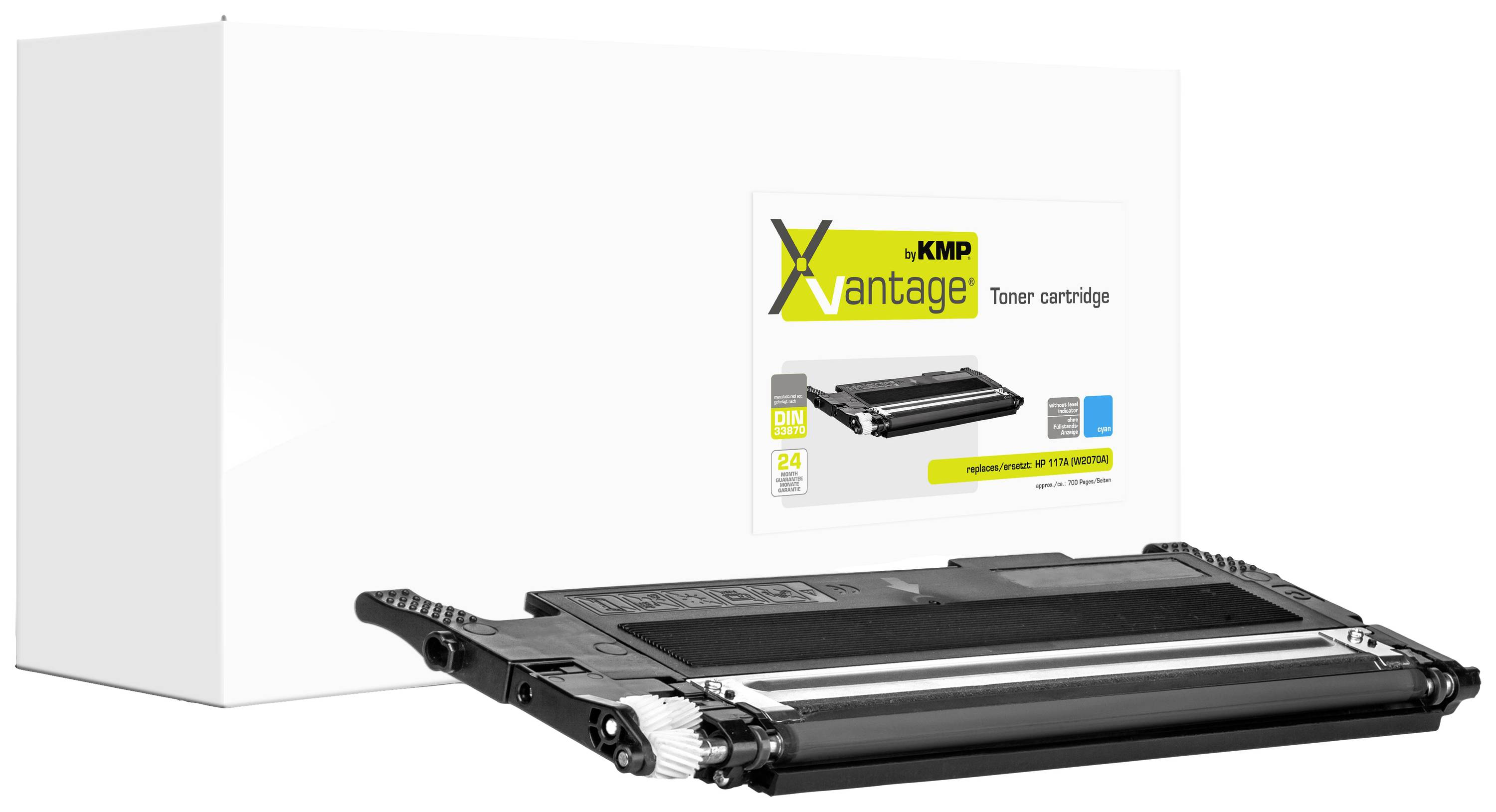 Toner cartridge and packaging with KMP logo and 'vantage' print. Compatible with printer models, black, 24-month warranty.