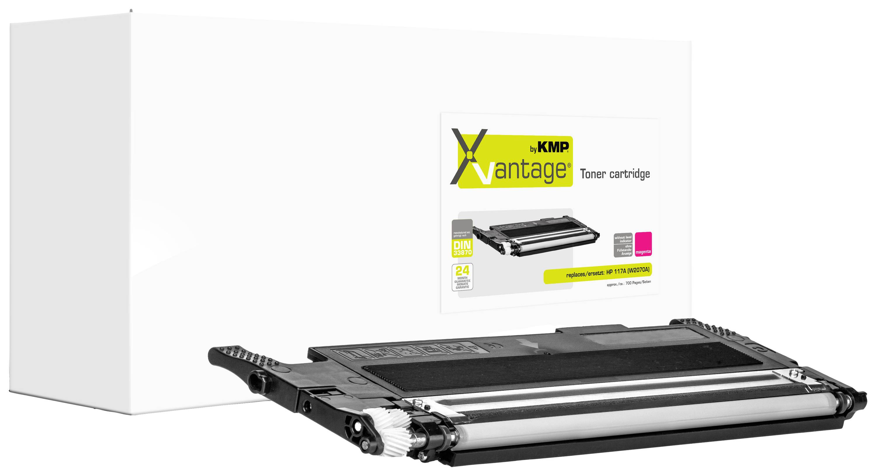 Laser printer cartridge. Label displays the brand 'KMP' and colour code. Packaged in a white box with product illustration.