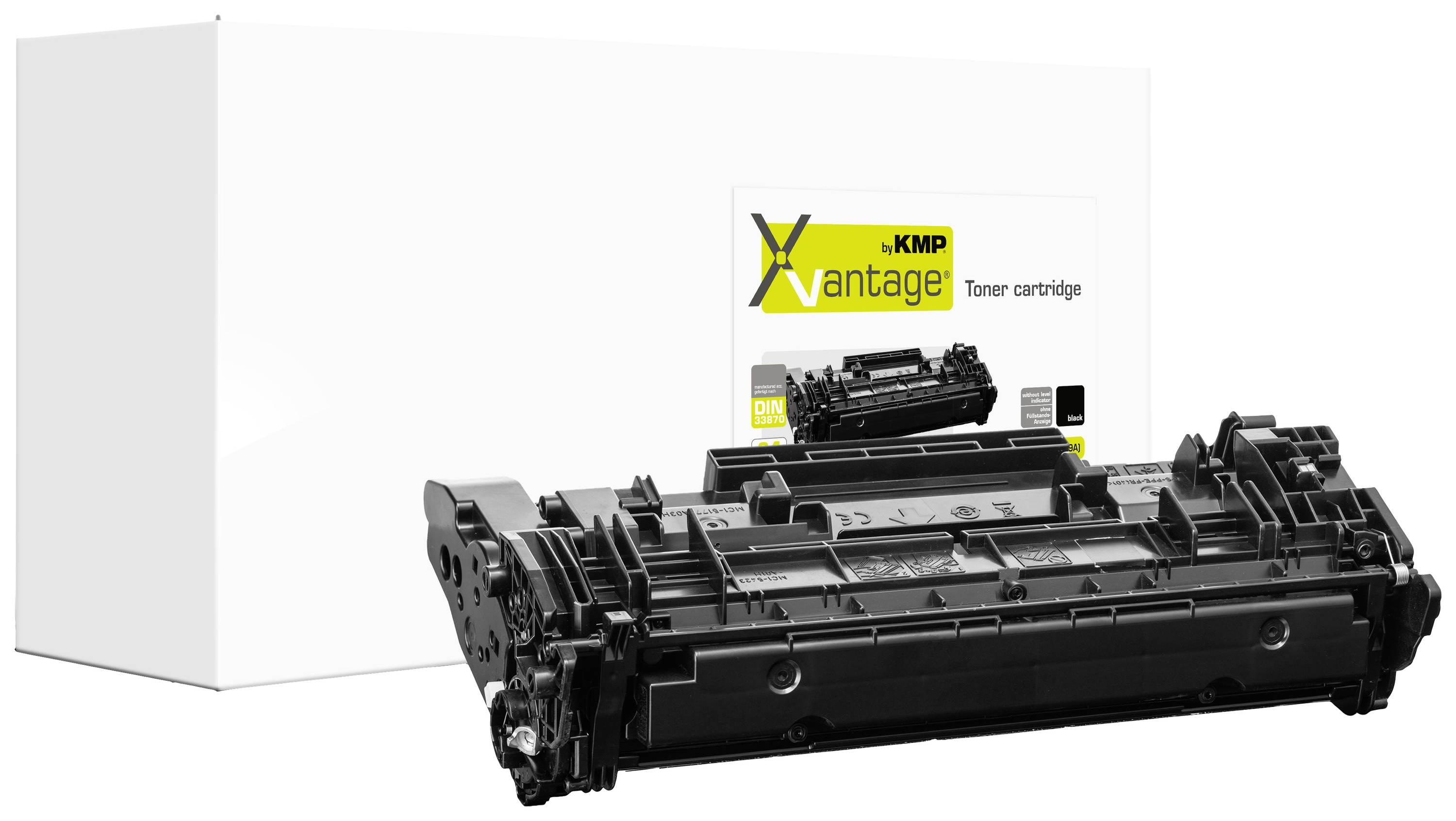 A toner cartridge in front of packaging labelled 'x.KMP Vantage Toner cartridge'. It is black and suitable for printers.