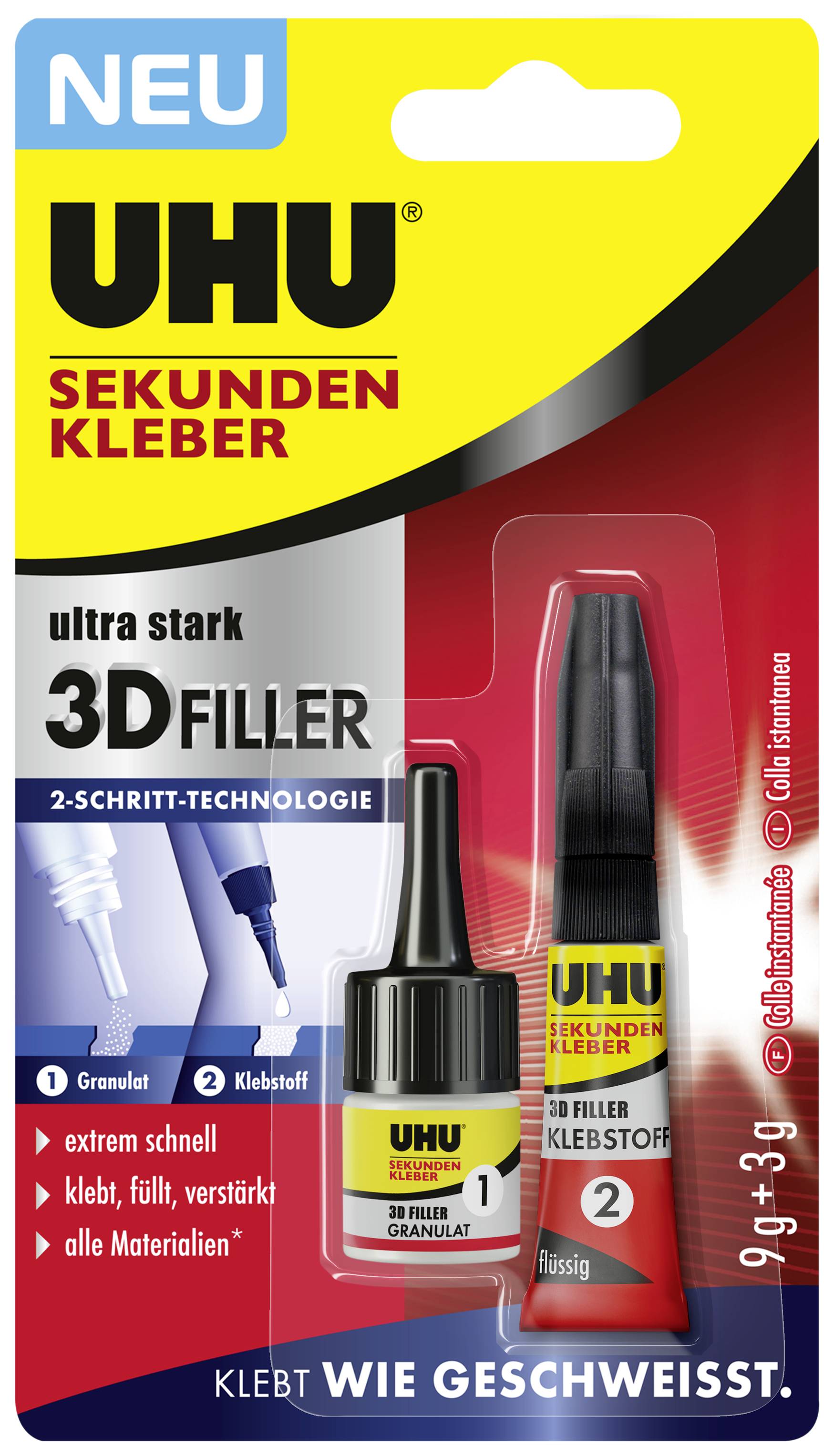 Packaging for UHU instant adhesive, ultra strong 3D filler, with 2 steps: granulate and adhesive. Extremely fast, for all materials.