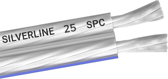Illustrated is a transparent speaker cable with the inscription 'Silverline 25 SPC', consisting of two twisted conductors.