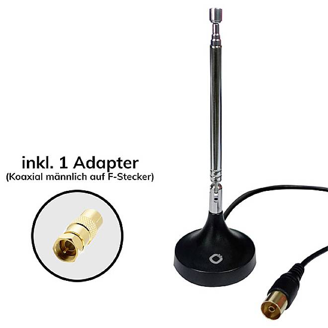 Television aerial with magnetic base and extendable telescopic pole, including 1 adapter.