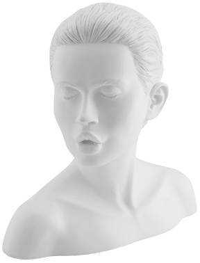 A white, sculptural bust of a calm, contemplative face with closed eyes and a slightly open mouth.