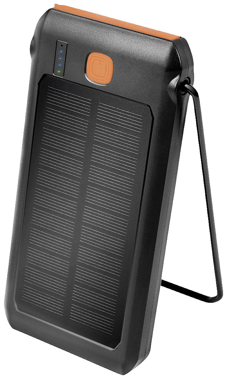 A portable solar power bank with an integrated solar panel, charging indicator, and an orange power button.