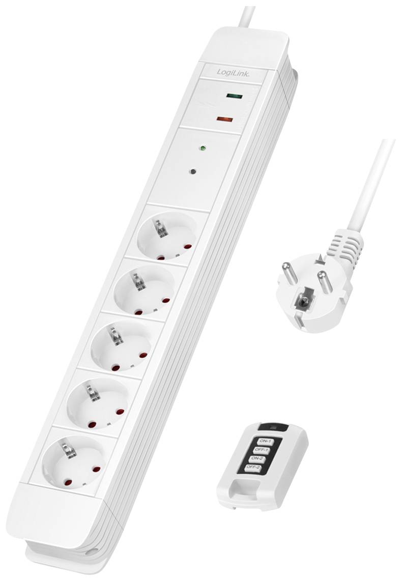 Multi-socket extension lead with six outlets and remote control, suitable for electrical appliances. White design with built-in protection.