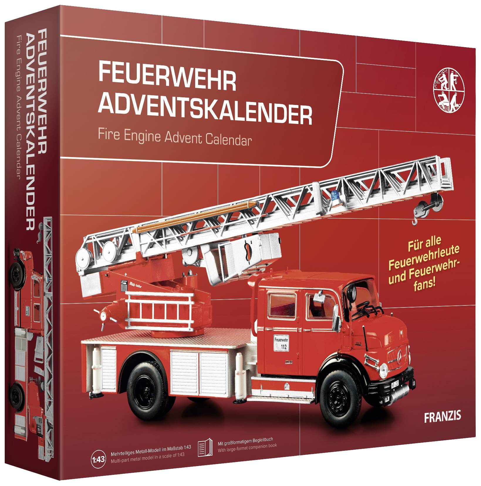 Red Advent Calendar in the shape of a fire engine, with German and English inscriptions. Recommended for fire service enthusiasts.