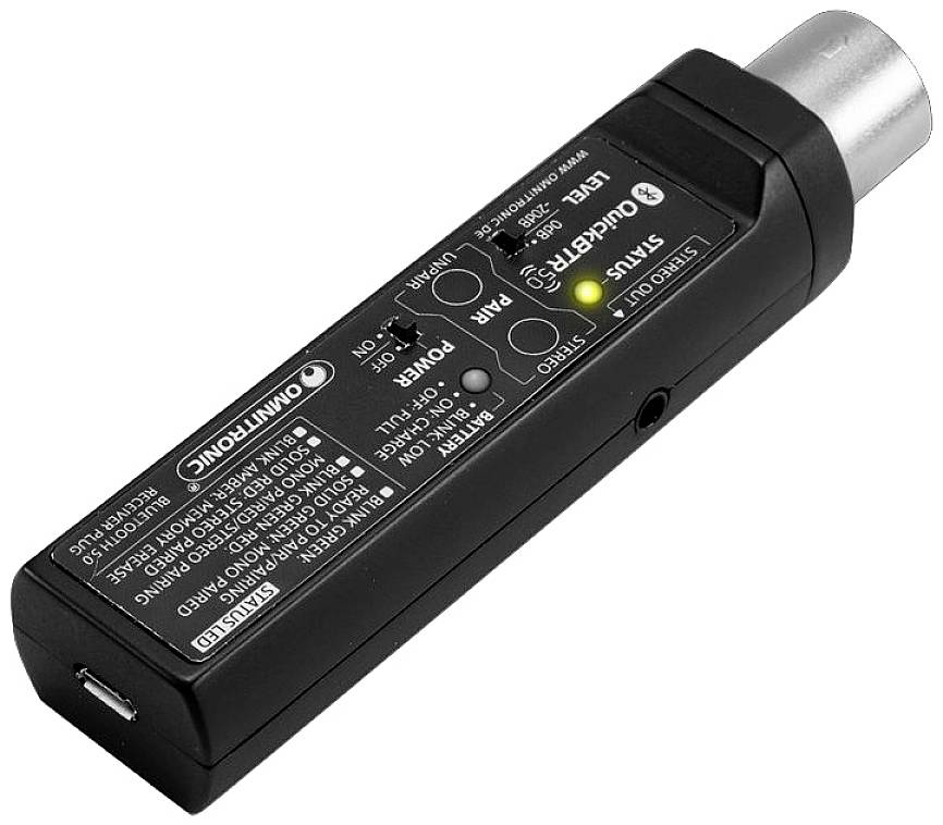 A portable digital audio converter with Bluetooth and USB ports, featuring power and status illuminations.