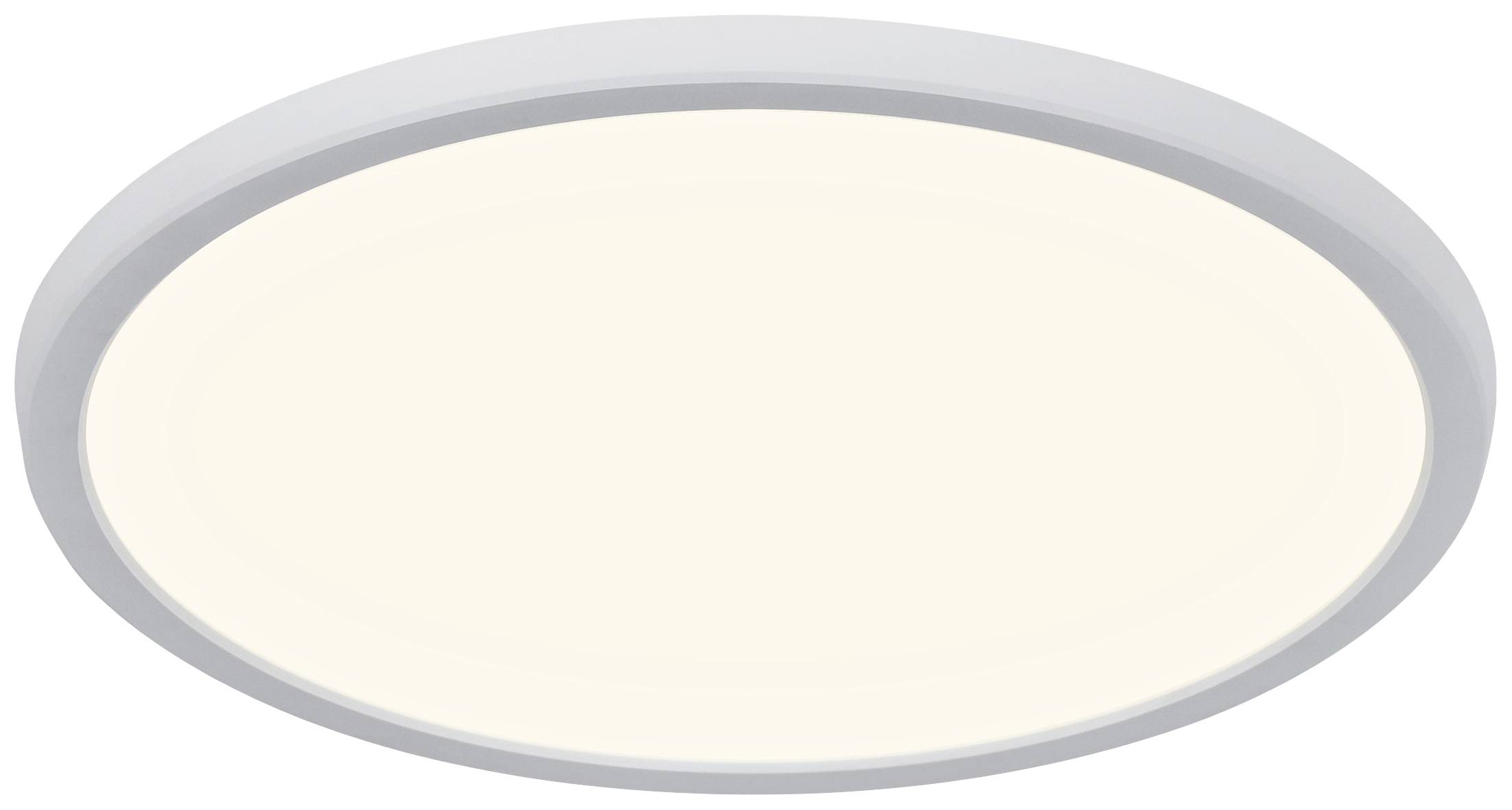 White, round LED ceiling light with modern design, uniform light distribution and slim frame, perfect for living spaces.