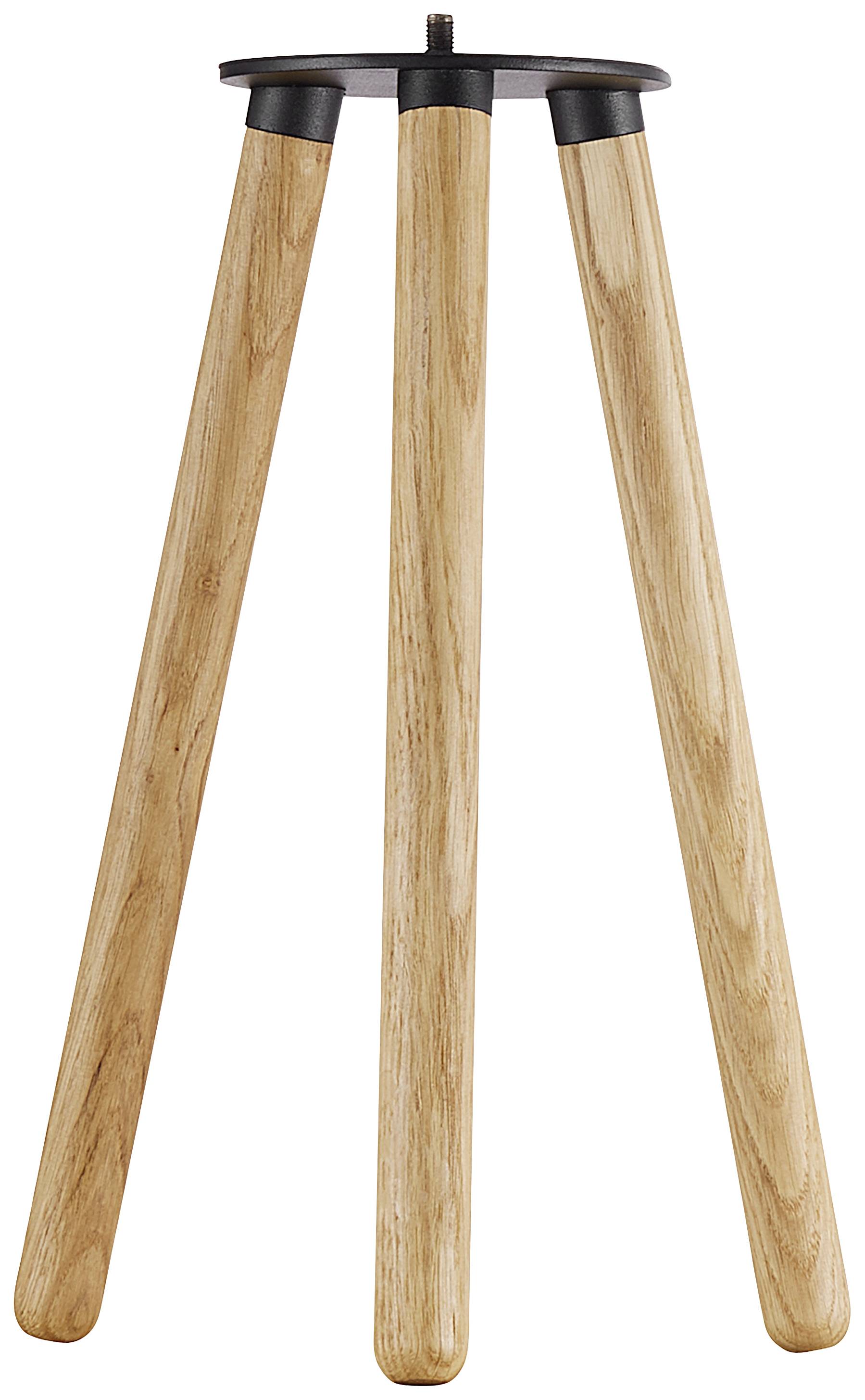 Three-legged wooden lamp stand with metal mounting bracket on top.