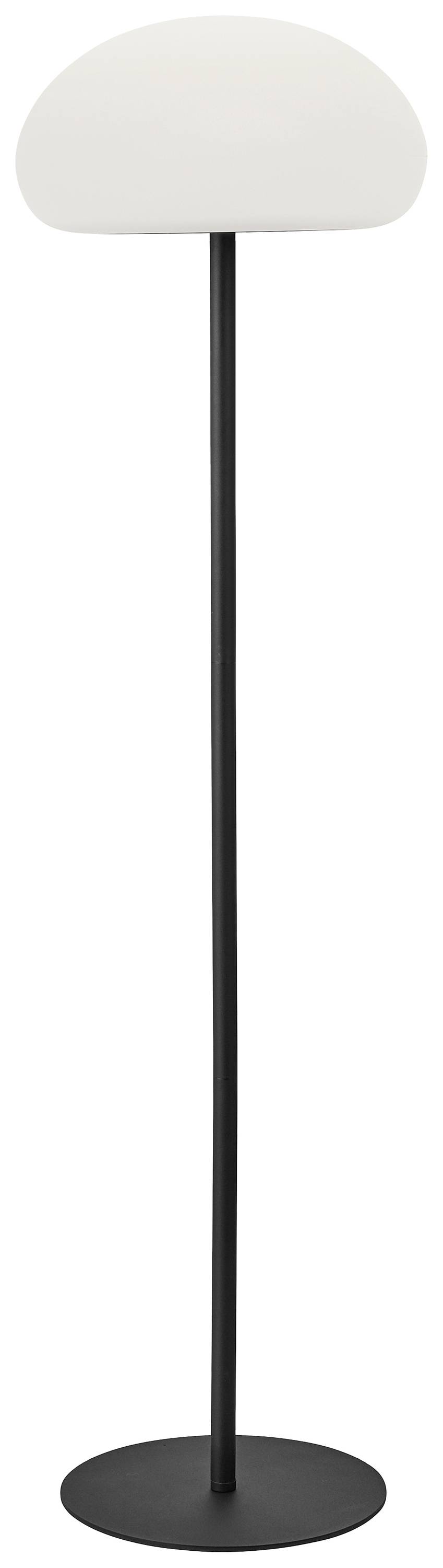 Floor lamp with a black stand and a round, white light fixture on top. Modern design suitable for living or office spaces.