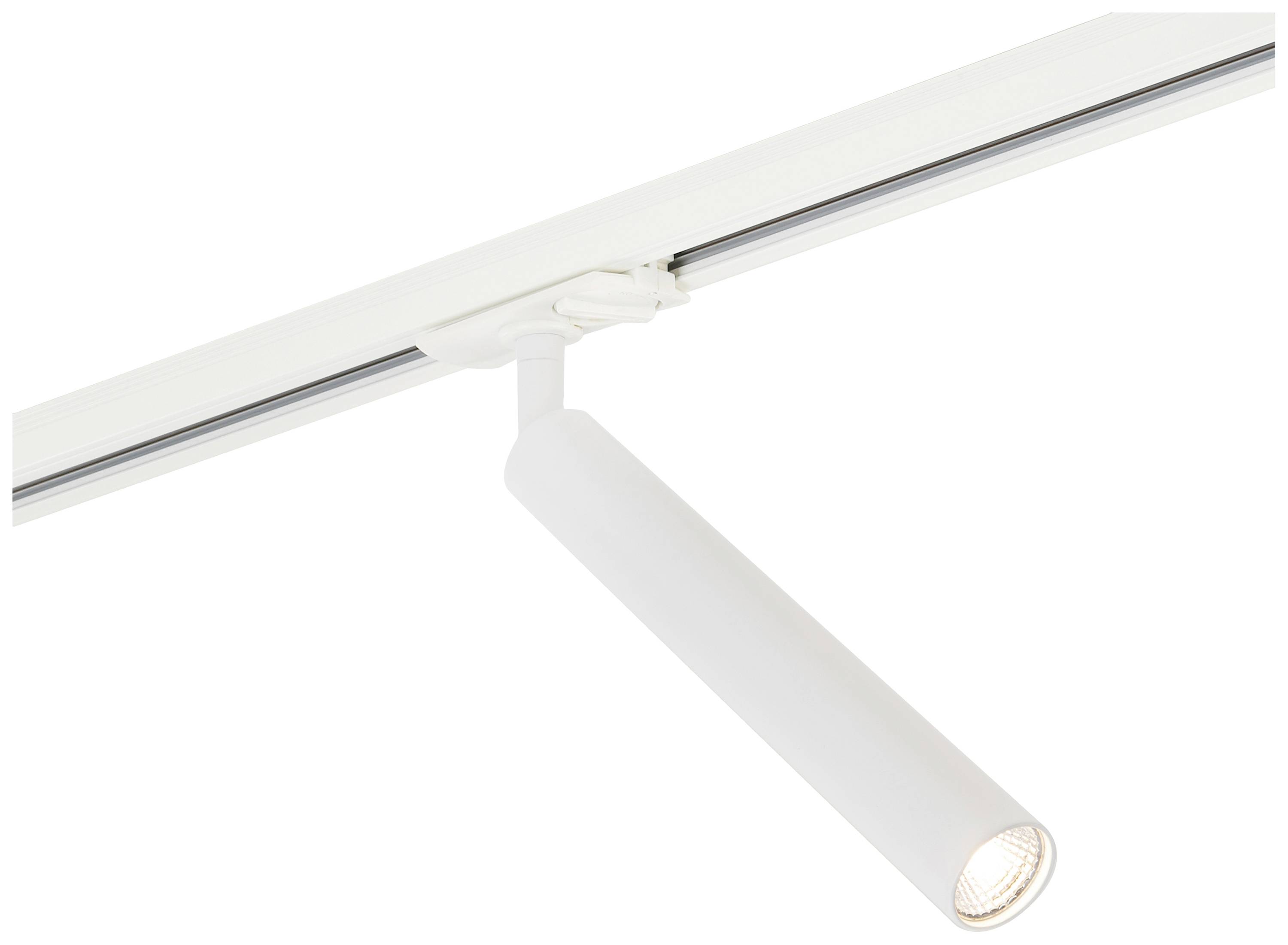 White track light with a cylindrical spotlight hanging on a track running from left to right and illuminating downwards.